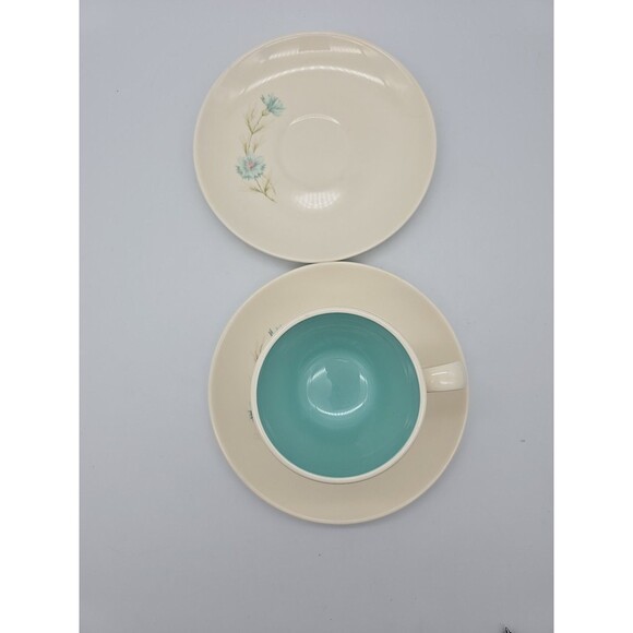 Taylor Smith  BOUTONNIERE Aqua Blue Floral  Coffee Cup & 2 Saucers NICE - Picture 6 of 8